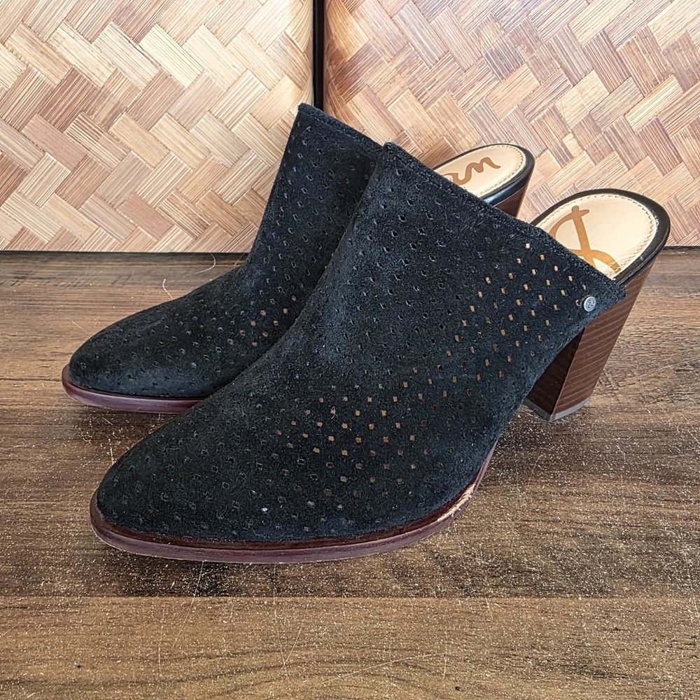 Sam Edelman Shoes Women's Size 9.5M Black Mules Vented Leather Suede Heels
